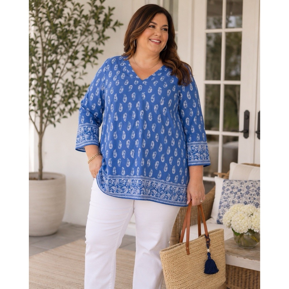 J.Jill Paisley Border Print V-Neck Cotton Tunic Top